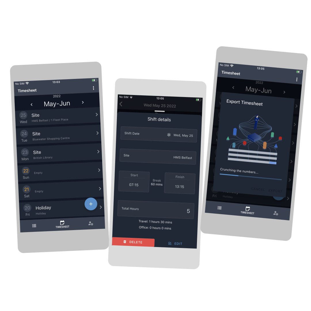 Screens showing final implementation of timesheet feature