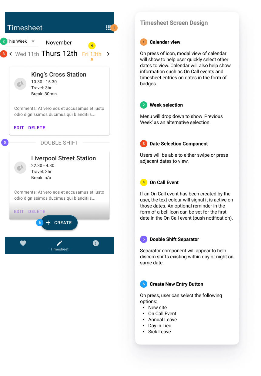 Hi-fidelity wireframe design of timesheet main screen